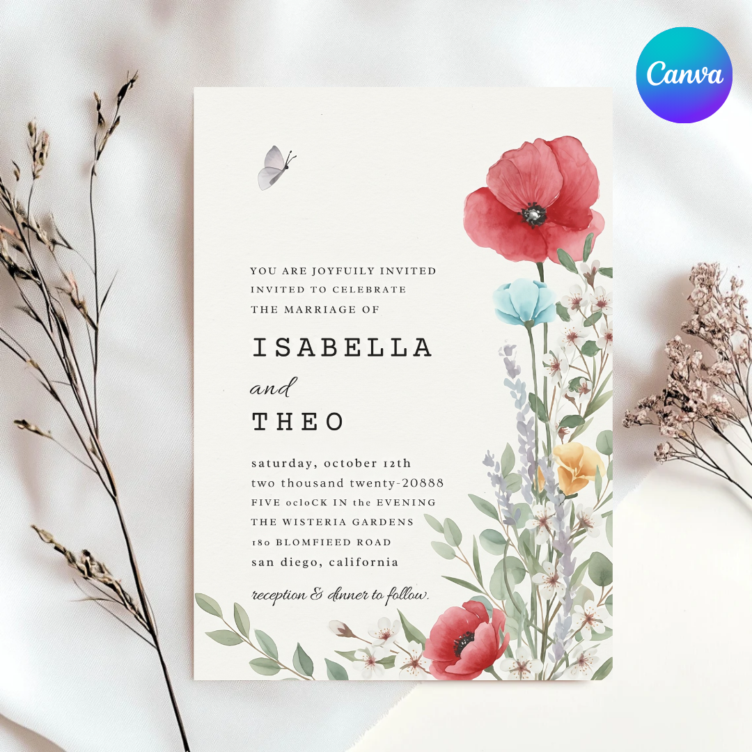 Wildflower Wedding Invitation Template | Editable Poppy Floral Invite | Rustic Garden Wedding | Printable Digital Download | Canva Template