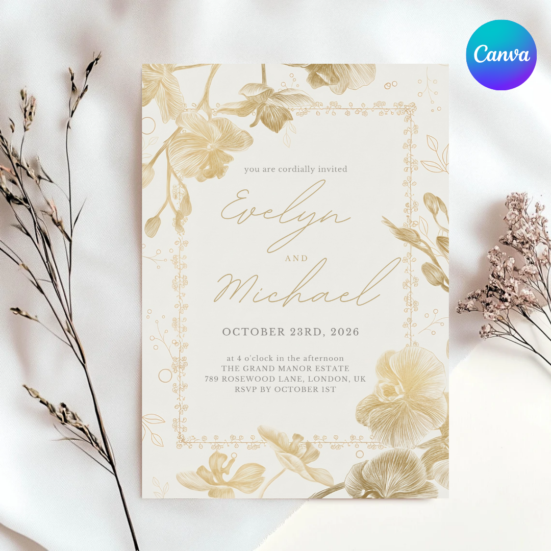 Elegant Orchid Wedding Invitation Template | Gold Floral Invite | Editable Minimalist Script Stationery | Printable Digital Evite | Instant Download