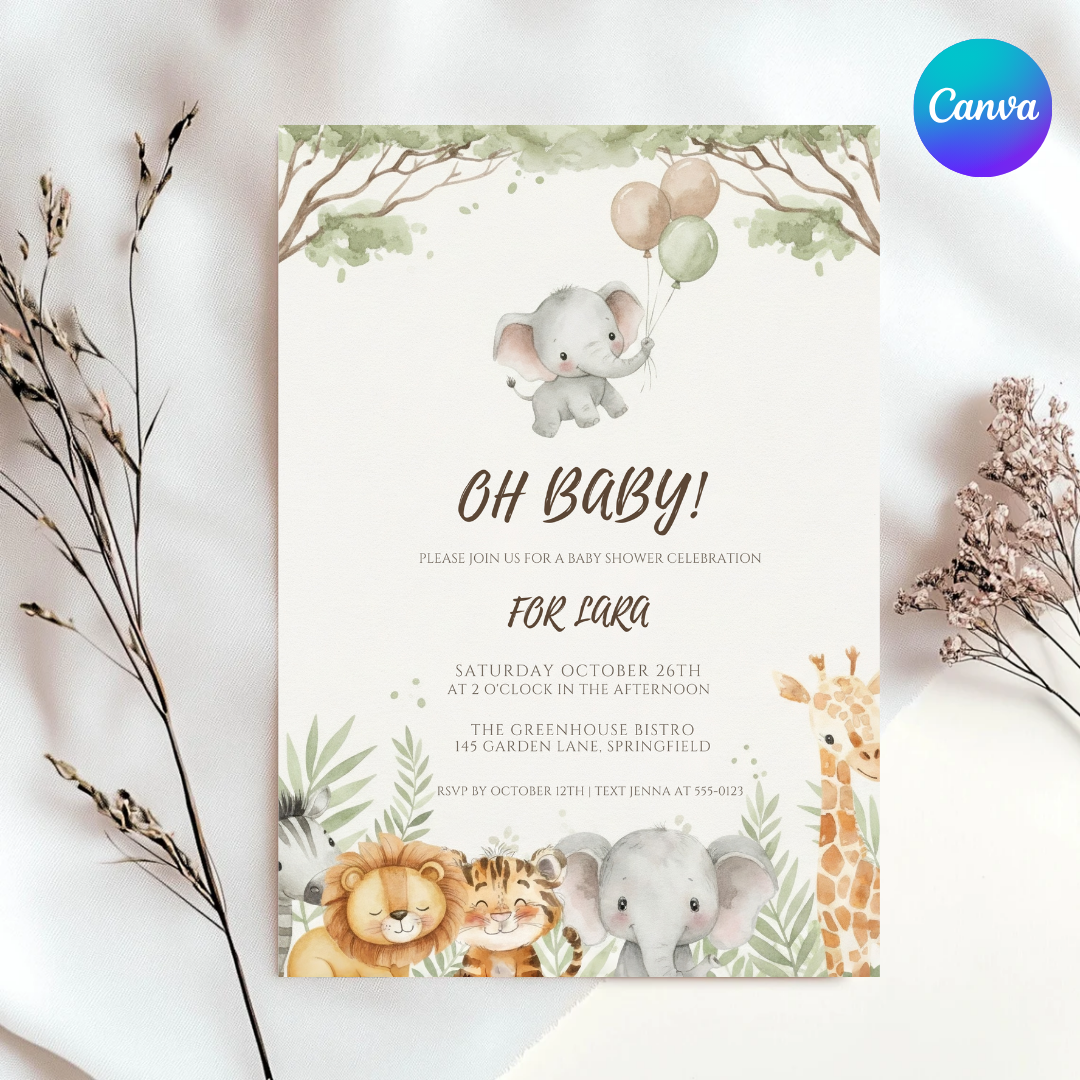 Editable Jungle Safari Invitation Template | Watercolor Animal Party Invite | Printable Instant Download