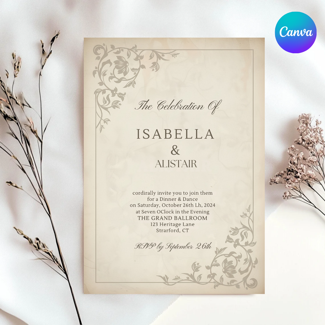 Elegant Wedding Invitation Template | Classic Vintage Invite | Editable Canva Printable | Formal Floral Wedding Suite | Instant Download Digital