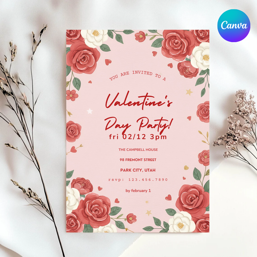 Editable Valentine's Day Party Invitation | Floral Galentine's Invite Template | Red Roses Romantic Party | Digital Printable Evite | Canva