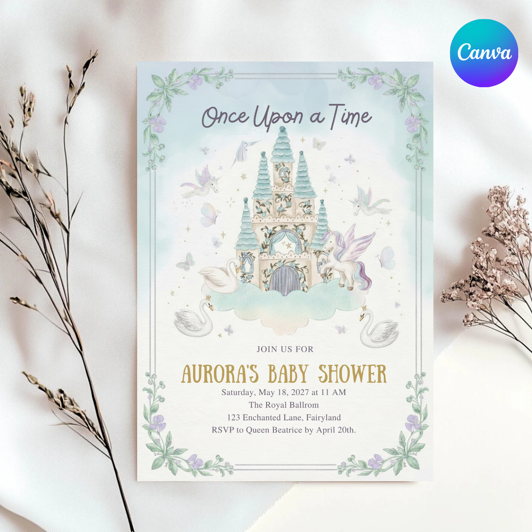 Fairytale Castle Invitation Template | Editable Once Upon a Time Invite | Enchanted Storybook Theme | Unicorn & Swan Design | Instant Download