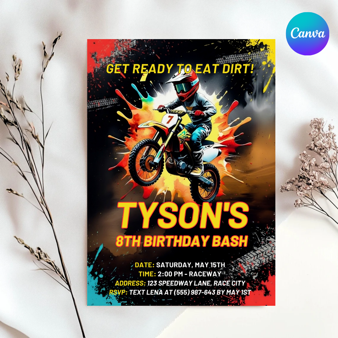 Boy's Motocross Birthday Invitation | Editable Dirt Bike Party Template | Racing Invite for Kids | Printable | Instant Download | Eat Dirt