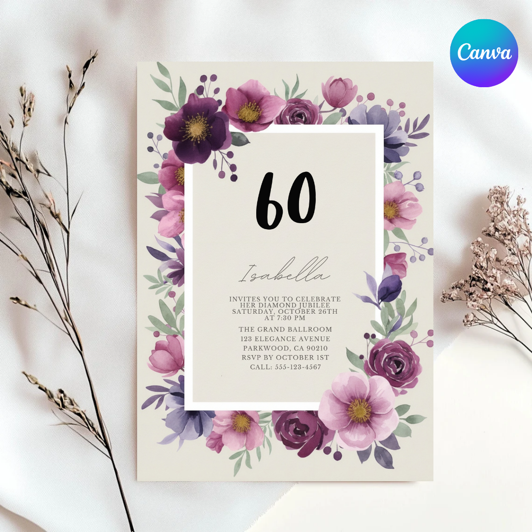 60th Birthday Invitation for Her | Editable Floral Template | Purple & Pink Watercolor | Diamond Jubilee Party Invite | Printable Digital Evite