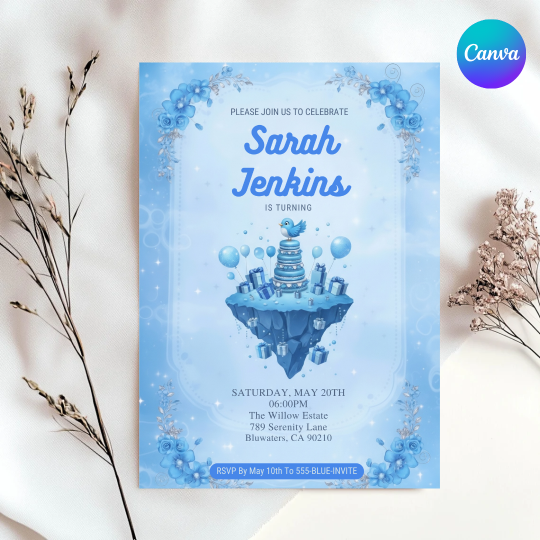 Blue Bird Birthday Invitation Template | Girl's Magical Sky Party Invite | Whimsical Blue Floral Editable Evite | Instant Download Printable