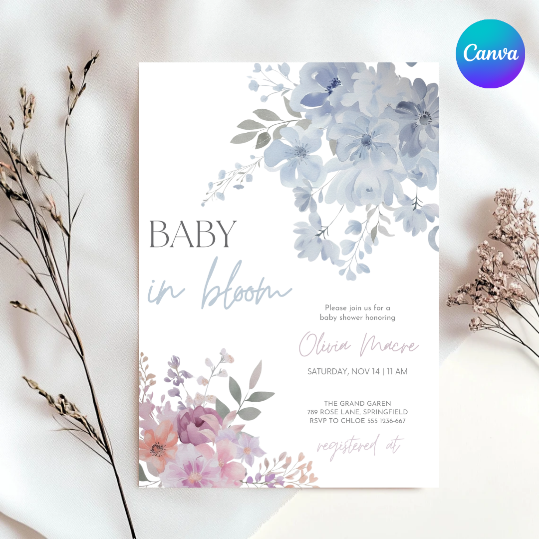 Baby in Bloom Baby Shower Invitation | Editable Celestial Floral Invite Template | Butterfly Boy or Girl Shower | Printable Digital Download