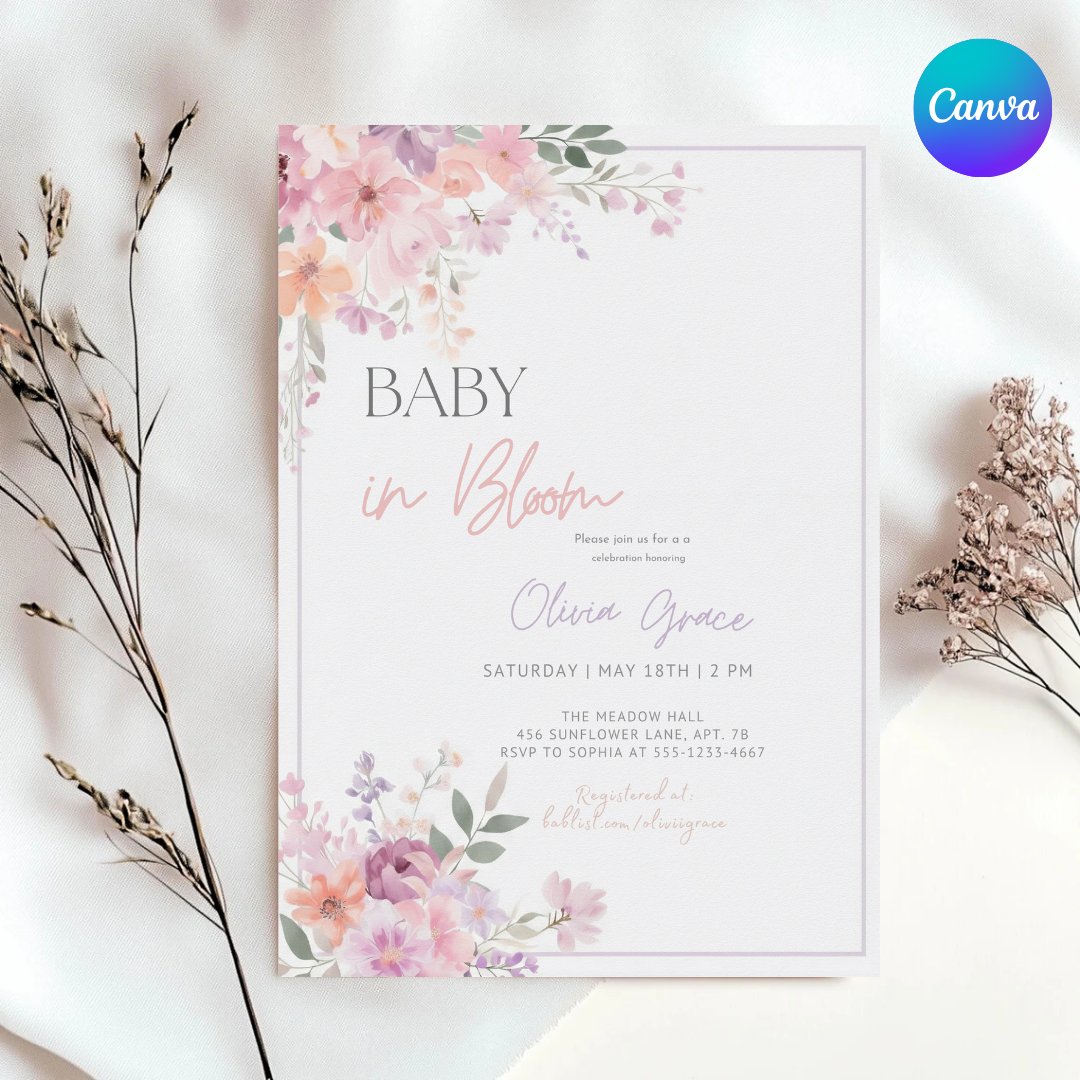 Baby in Bloom Baby Shower Invitation | Girl Baby Shower Invite | Editable Floral Butterfly Template | Printable Garden Party | Instant Download