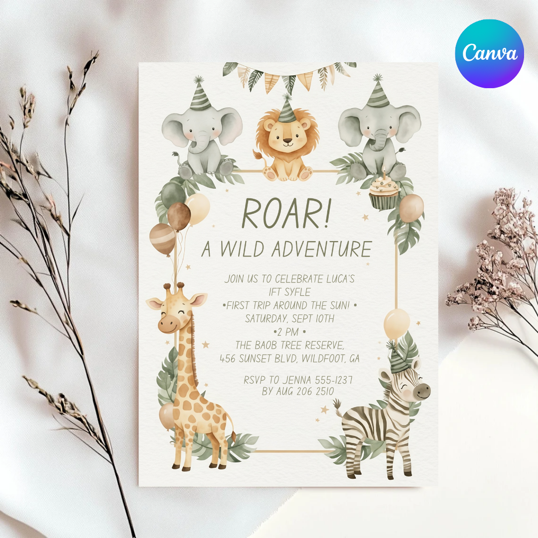 Editable Safari Birthday Invitation | Wild One First Birthday Invite for Boy or Girl | Jungle Animals Template | First Trip Around the Sun