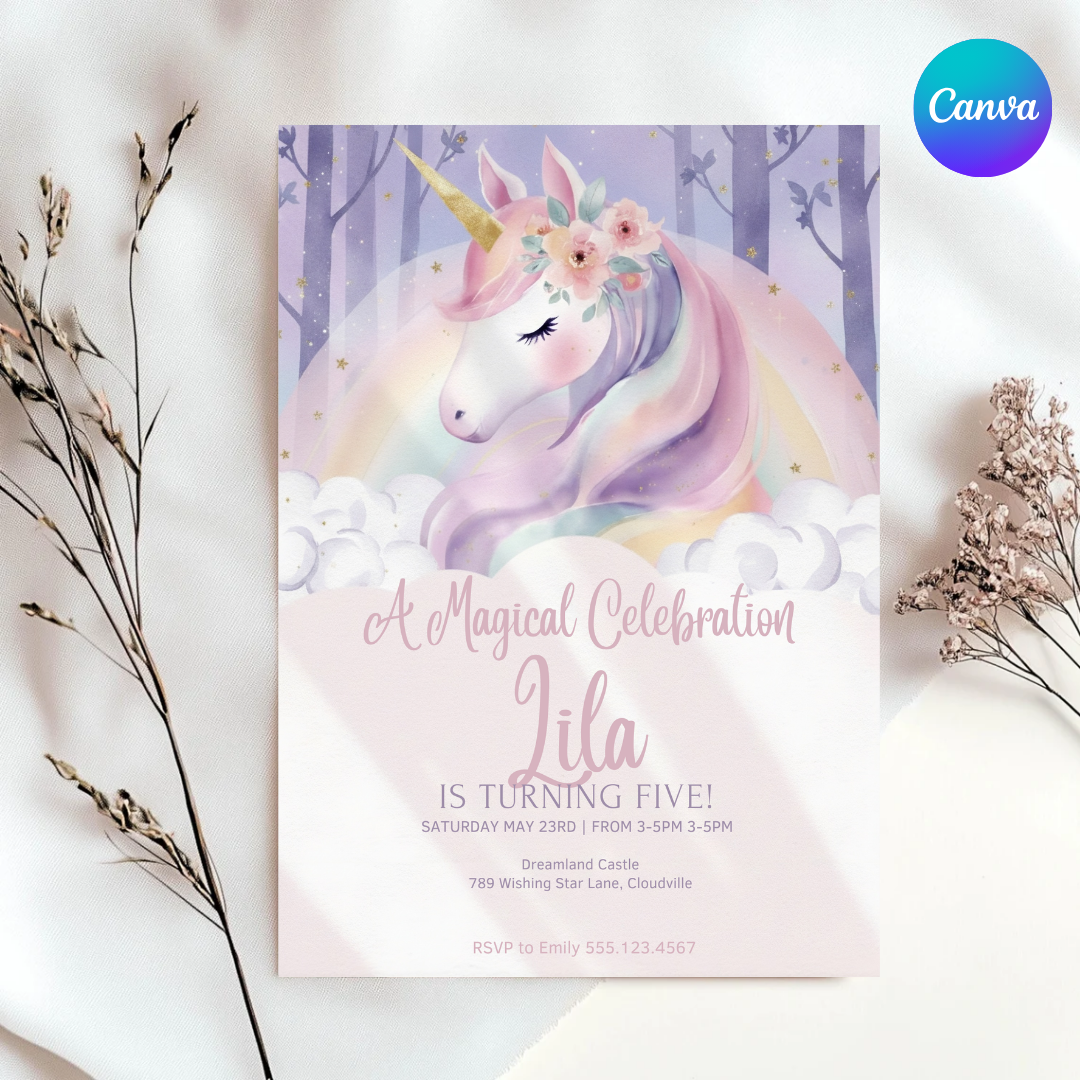 Magical Unicorn Birthday Invitation Girl | Editable 5th Birthday Party Invite | Pastel Rainbow Floral Template | Printable | Instant Download