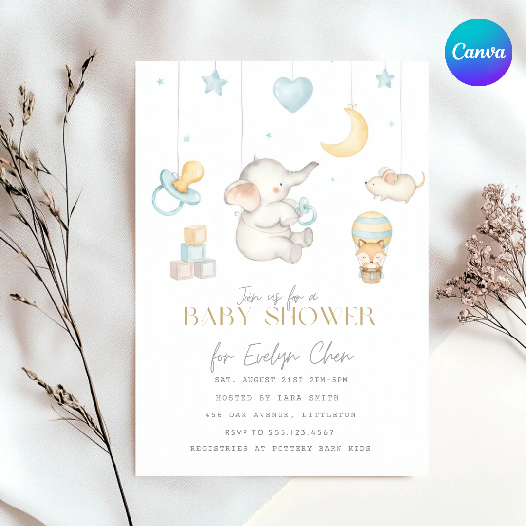 Elephant Baby Shower Invitation Boy or Girl | Editable Star & Moon Invite | Watercolor Animal Template | Printable Digital | Instant Download
