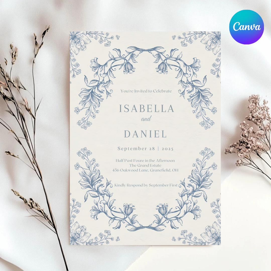 Vintage Floral Wedding Invitation Template | Dusty Blue Botanical Invite | Editable Classic Wedding Stationery | Printable & Digital | Canva