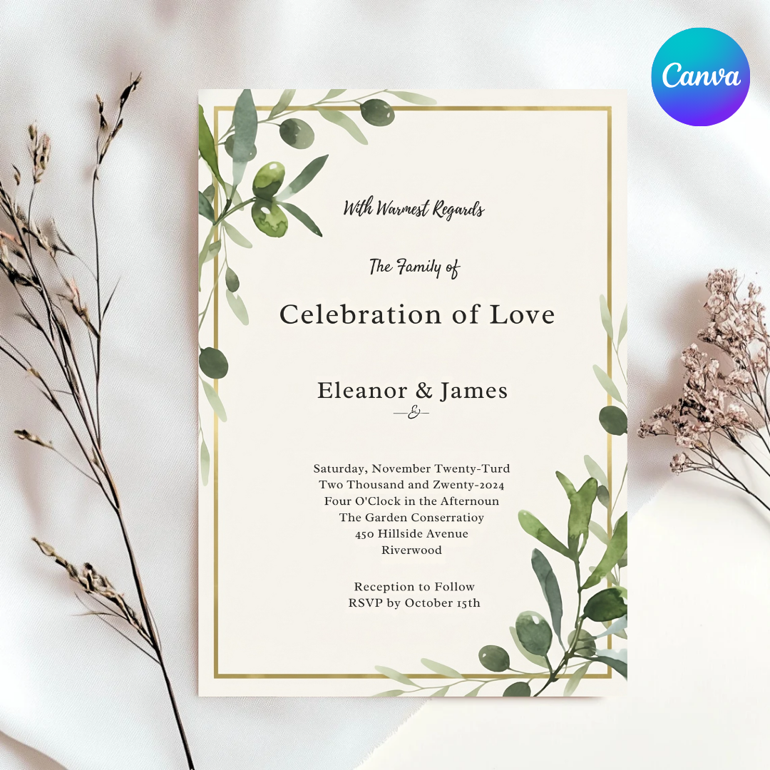 Olive Branch Wedding Invitation Template | Greenery Wedding Invite | Editable Canva Template | Minimalist Botanical | Instant Download Printable