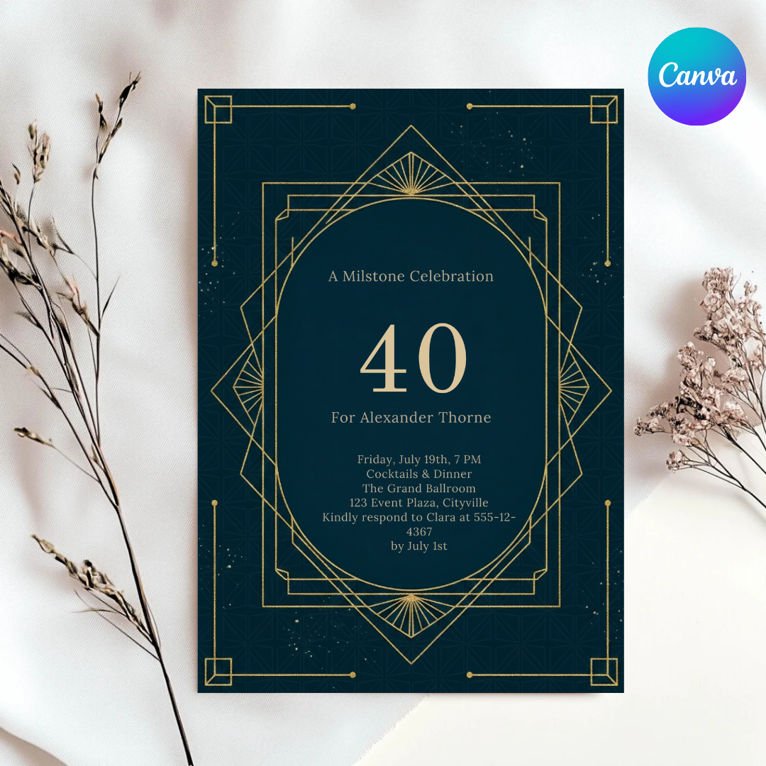 Art Deco 40th Birthday Invitation For Him | Editable Gatsby Party Template | Roaring 20s Milestone Invite | Printable & Digital Evite