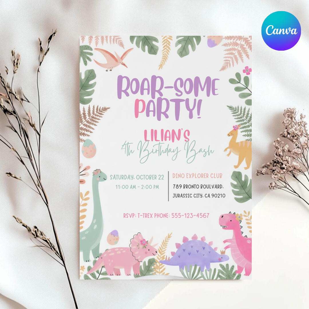 Girl Dinosaur Birthday Invitation Template | Editable Roar Some Party Invite | Pink Pastel Dino Birthday | Printable Digital Evite | Instant Download