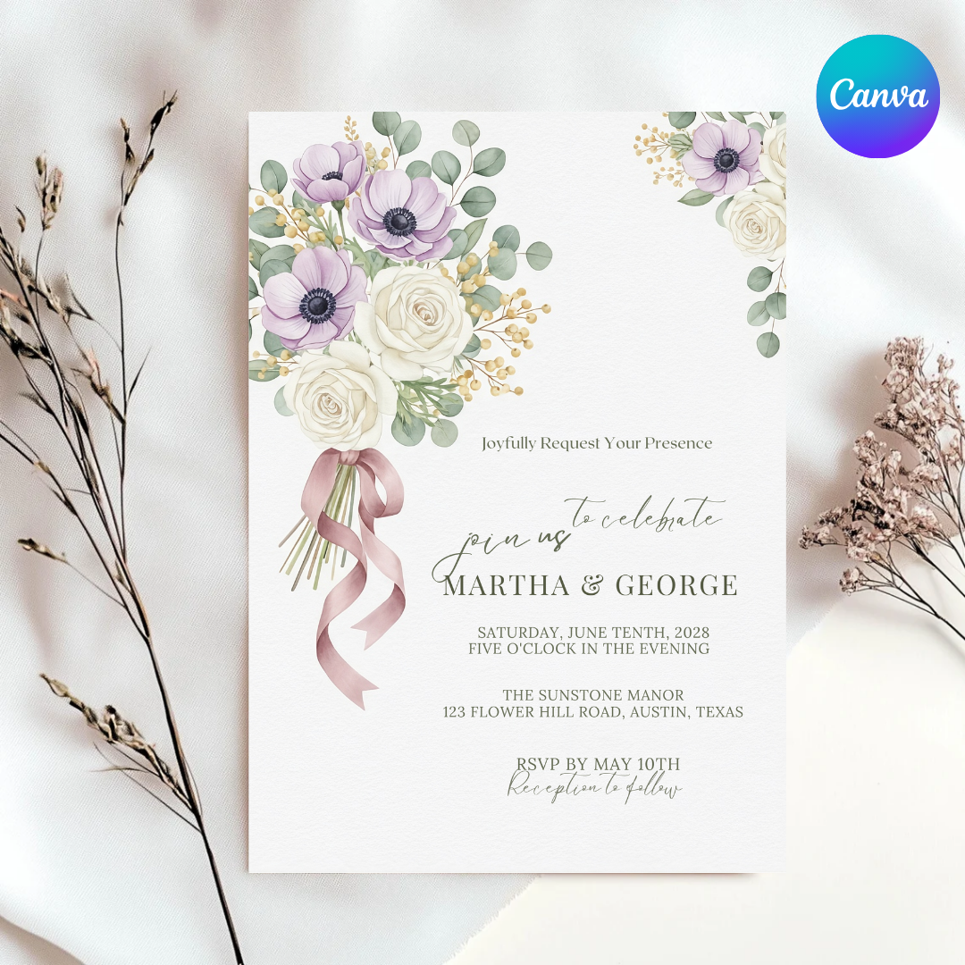 Floral Wedding Invitation Template | Editable Lavender Anemone & Rose Invite | Printable Garden Wedding Stationery | Instant Download | Canva