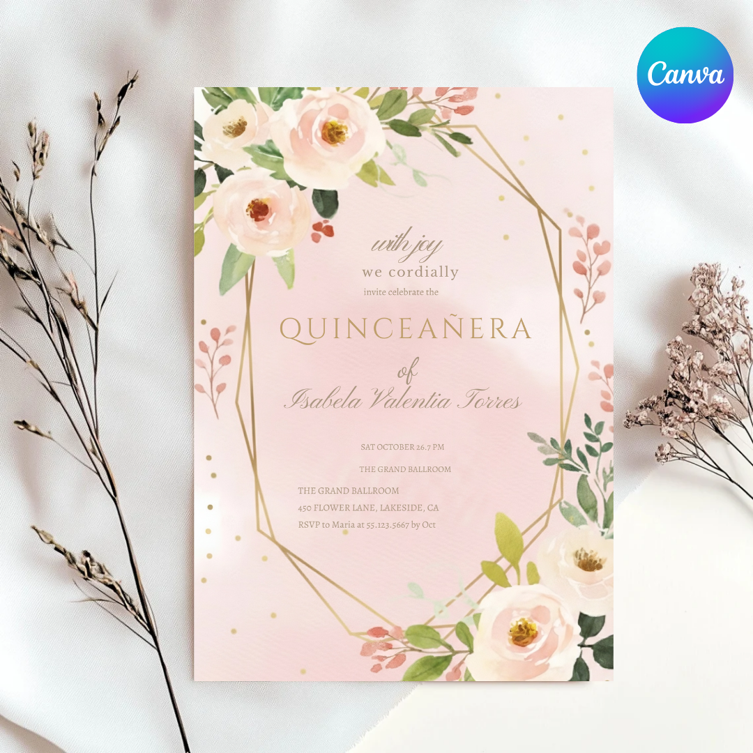 Editable Quinceañera Invitation Template | Blush Pink Floral Invite For Her | Gold Geometric Mis Quince Años | Printable 15th Birthday | Digital