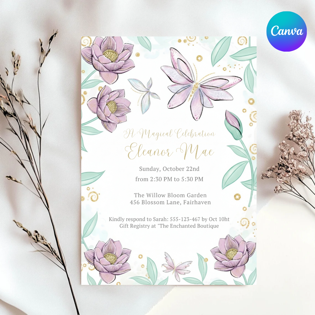 Magical Butterfly Invitation | Girl's Birthday Party | Enchanted Fairy Garden Evite | Editable Floral Template | Printable Instant Download