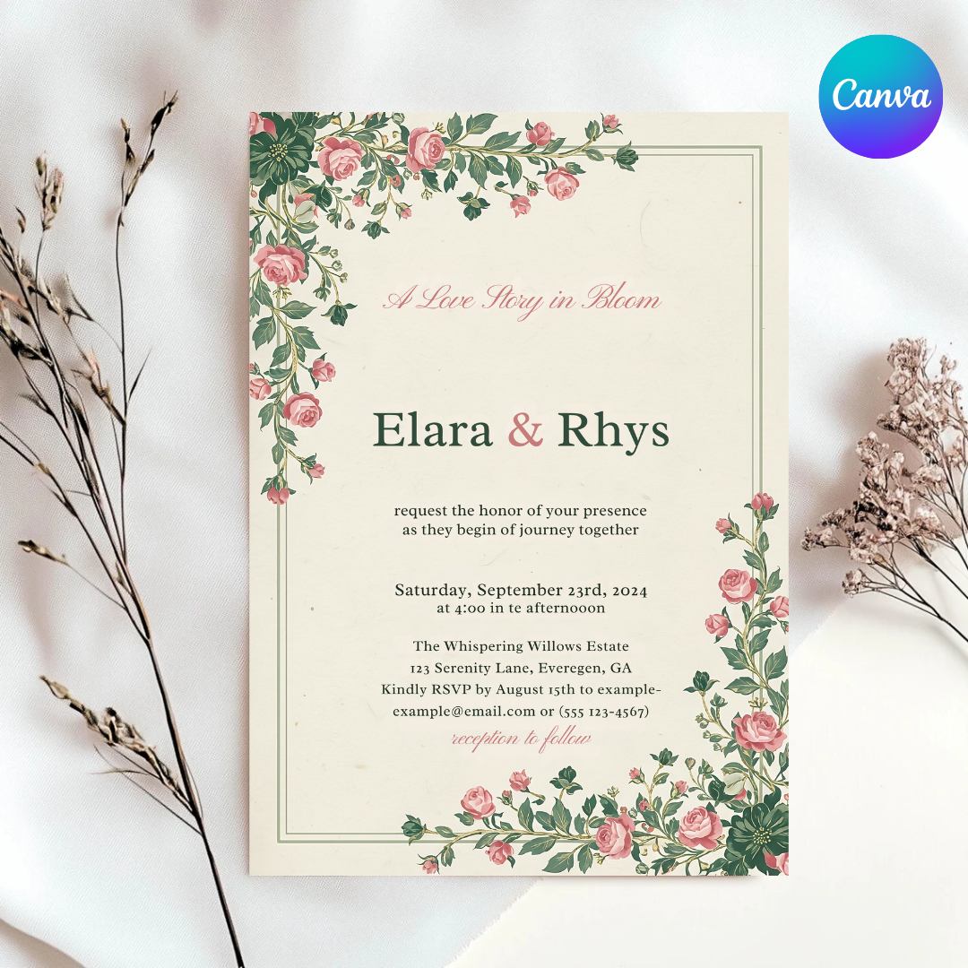 Romantic Floral Wedding Invitation Template | Editable Pink Roses Invite | Garden Wedding Printable | Vintage Evite | Instant Digital Download