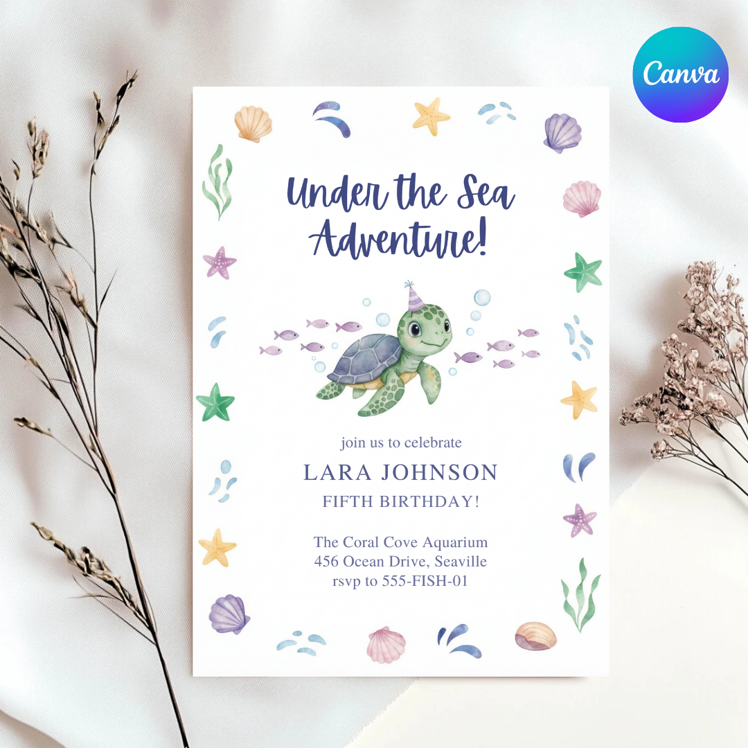 Under the Sea Birthday Invitation | Turtle Party Invite for boys and girls | Editable Ocean Adventure Template | Printable | Instant Download