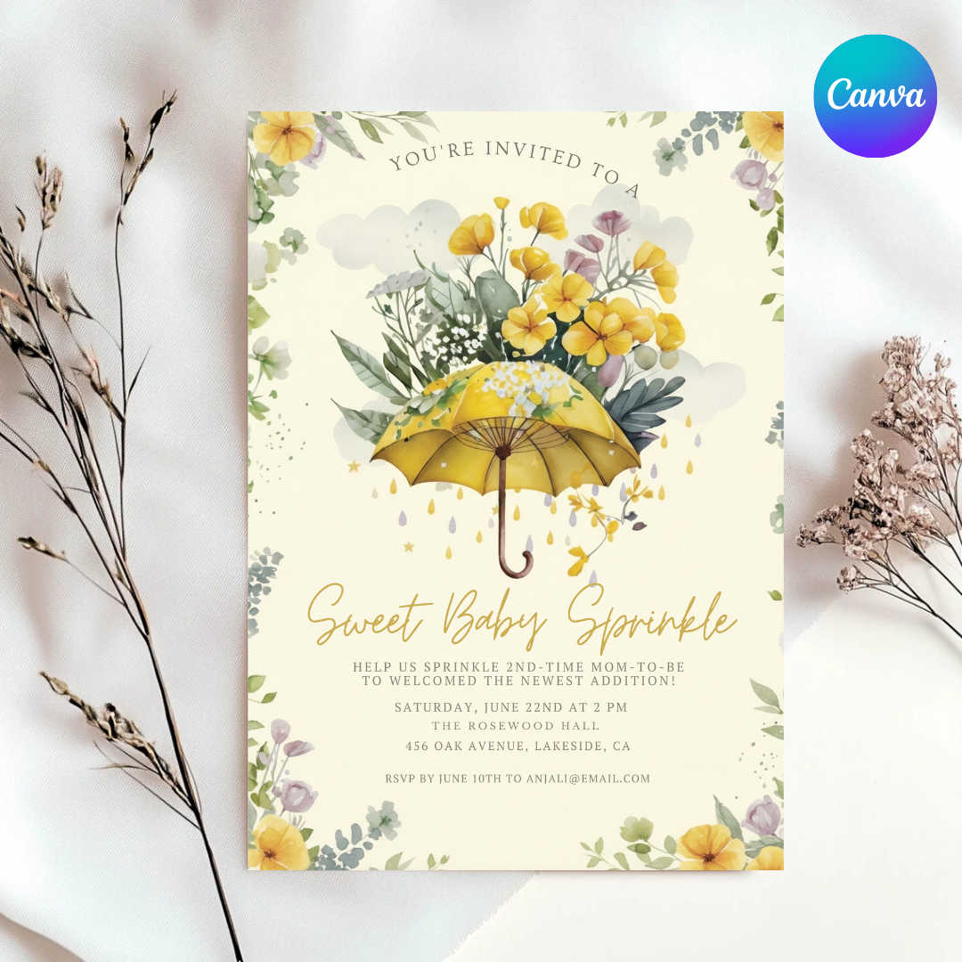 Baby Sprinkle Invitation Template | Yellow Umbrella Floral Invite | Editable Sprinkle for Boy or Girl | Watercolor 2nd Baby Shower | Printable