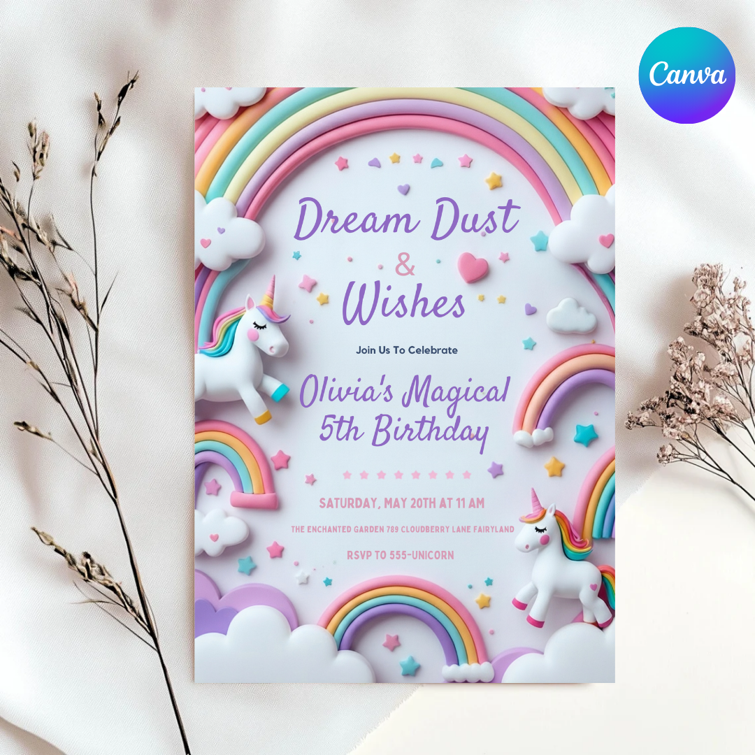 Editable Unicorn Birthday Invitation Girl | Magical Rainbow Party Invite Template | Pastel Clouds & Stars | Digital Evite | Instant Download