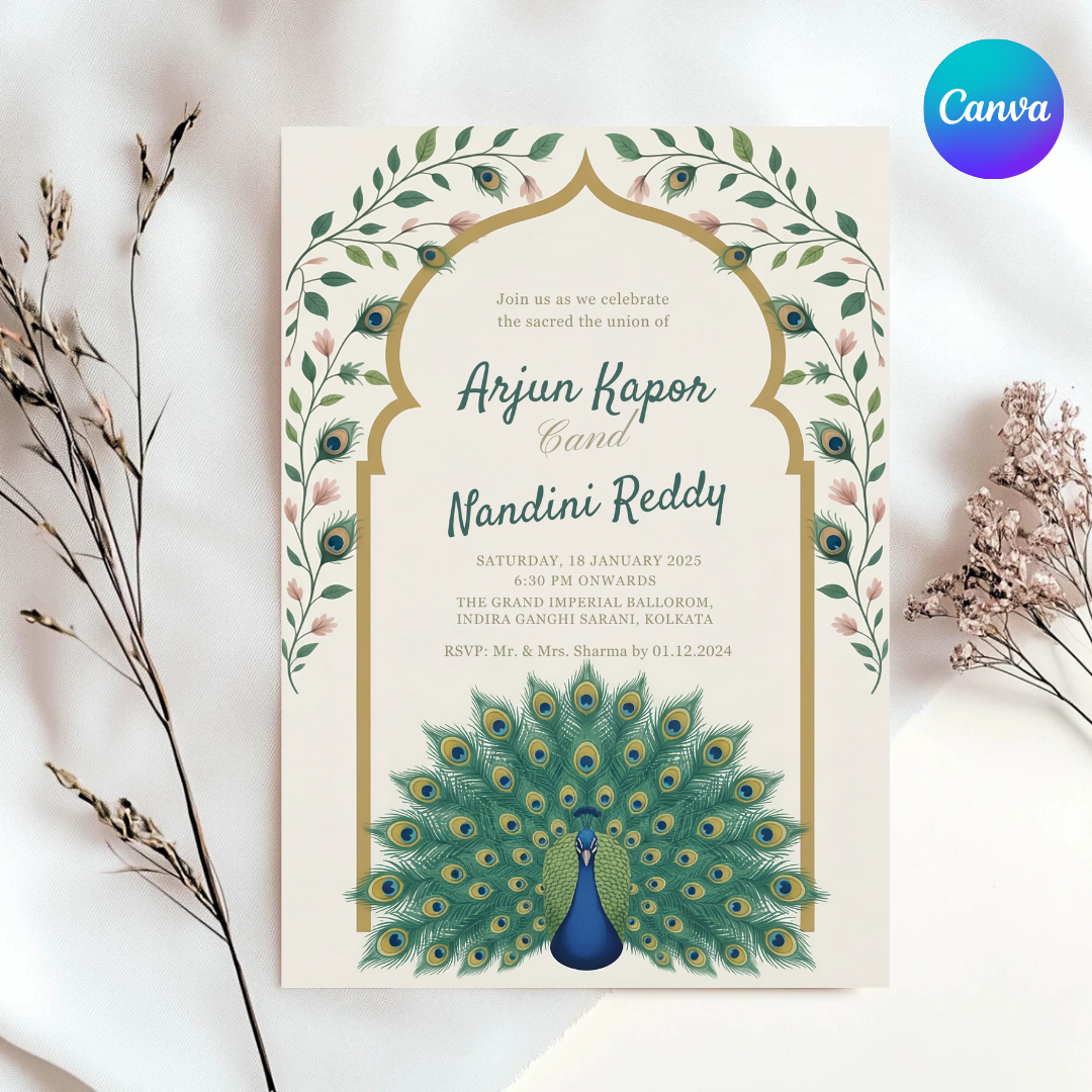 Indian Wedding Invitation Template | Editable Peacock Invite | Royal Desi Wedding Card | Printable Hindu Wedding Stationery | Digital Download