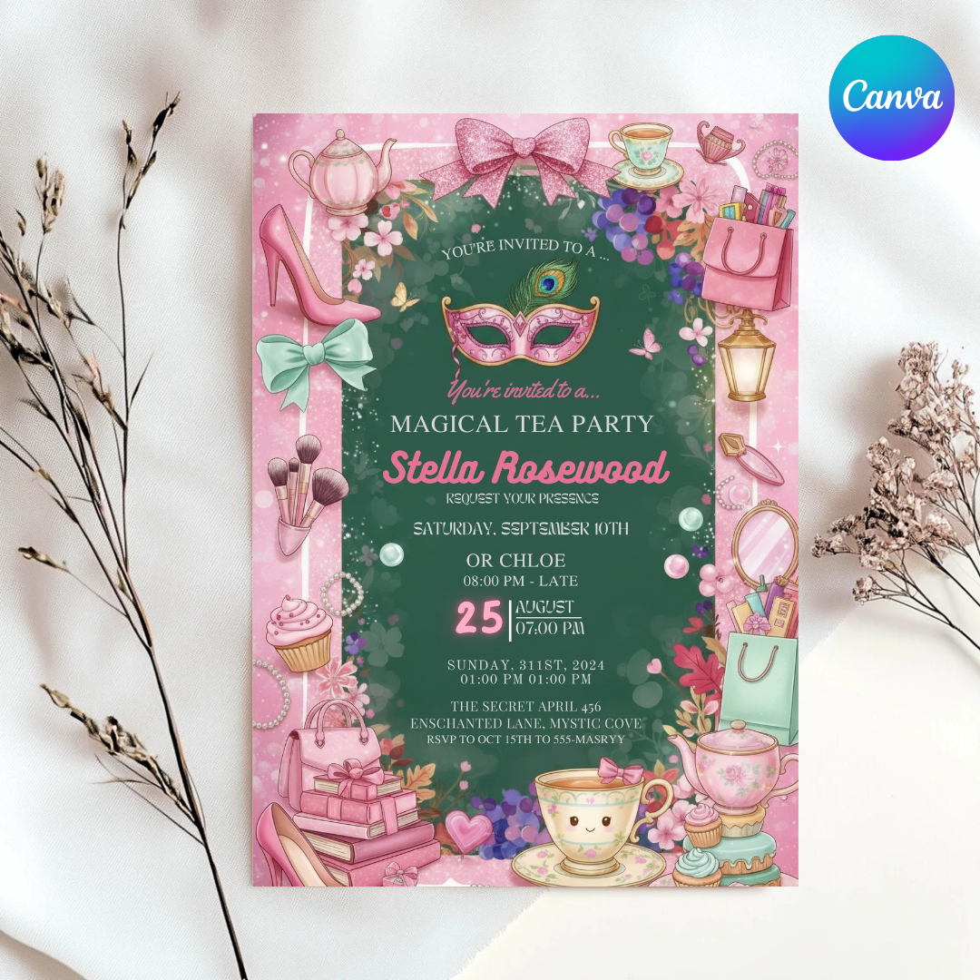Magical Tea Party Invitation | Editable Girl's Birthday Invite | Masquerade Glam Party Template | Printable Digital Evite | Instant Download