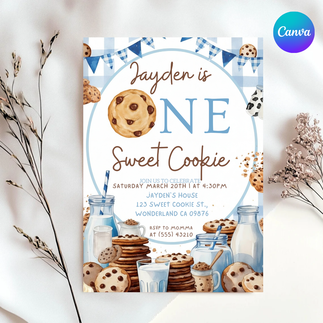 Boy's First Birthday Invitation | One Sweet Cookie Invite | Editable Milk & Cookies Template | Printable Digital Party Evite | Instant Download