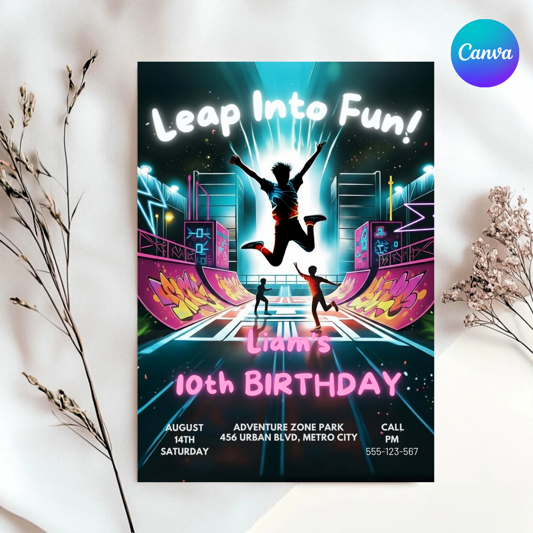 Boy's Birthday Invitation | Trampoline Park Party Invite | Editable Neon Glow Template | Leap Into Fun | Printable Digital | Instant Download