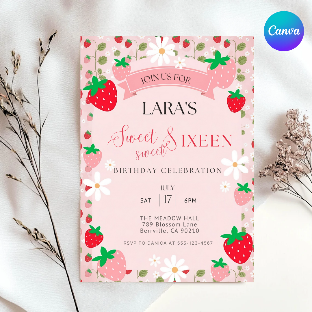Berry First Birthday Invitation | Editable Berry Sweet 1st Birthday Invite Template | Printable Girl's Party Evite | Instant Download