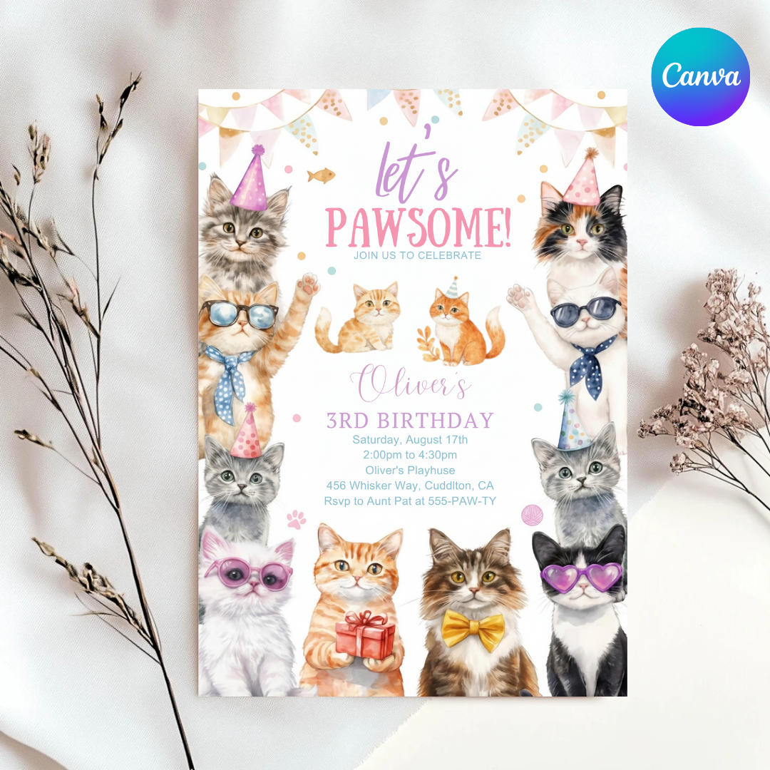 Cat Birthday Invitation Template | Pawsome Kitten Party Invite for Boy or Girl | Editable Canva Evite | Kids Pet Theme | Instant Download