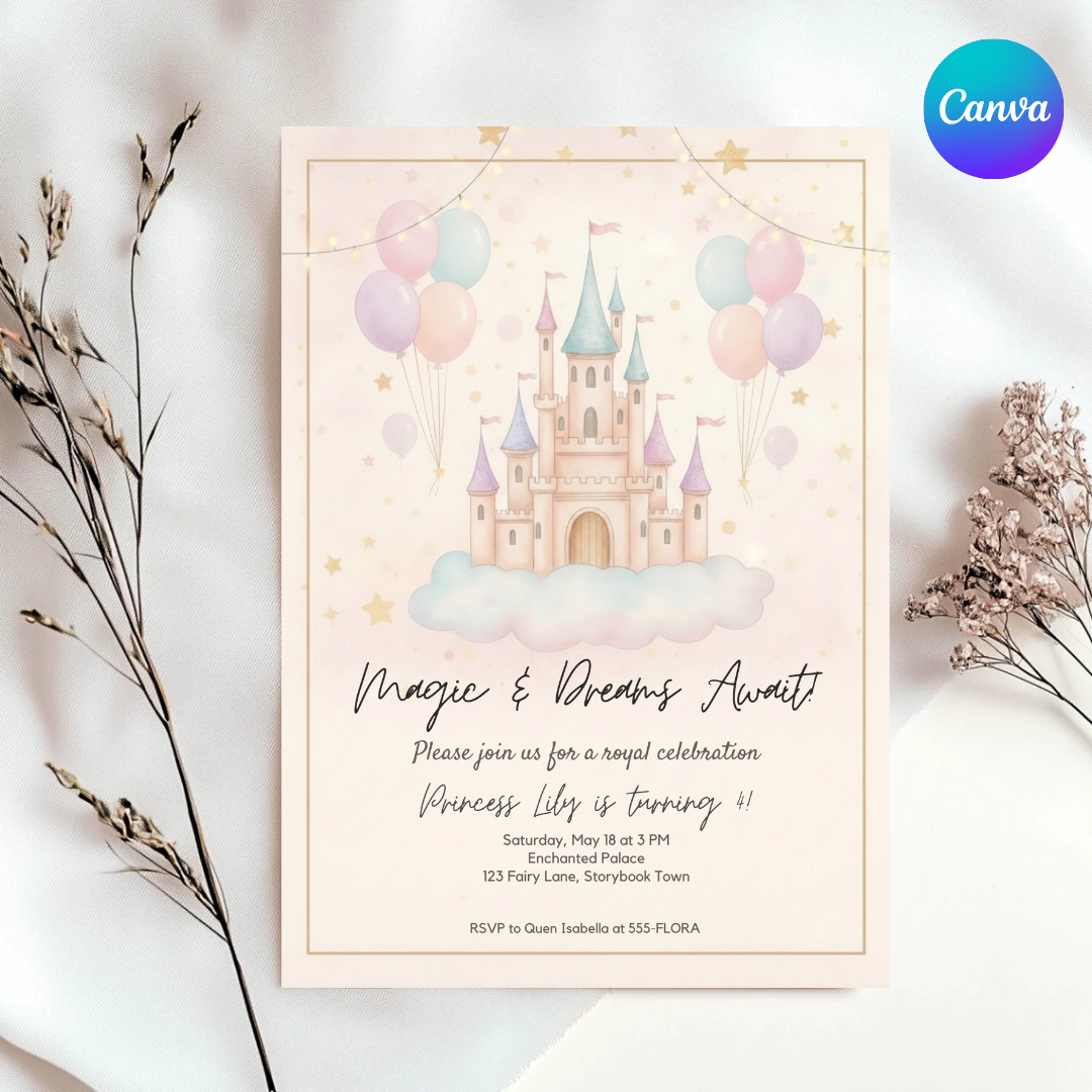 Princess Birthday Invitation | Editable Castle Invite Template | Girl's Royal Celebration | Whimsical Fairy Tale Party | Printable | Digital Evite