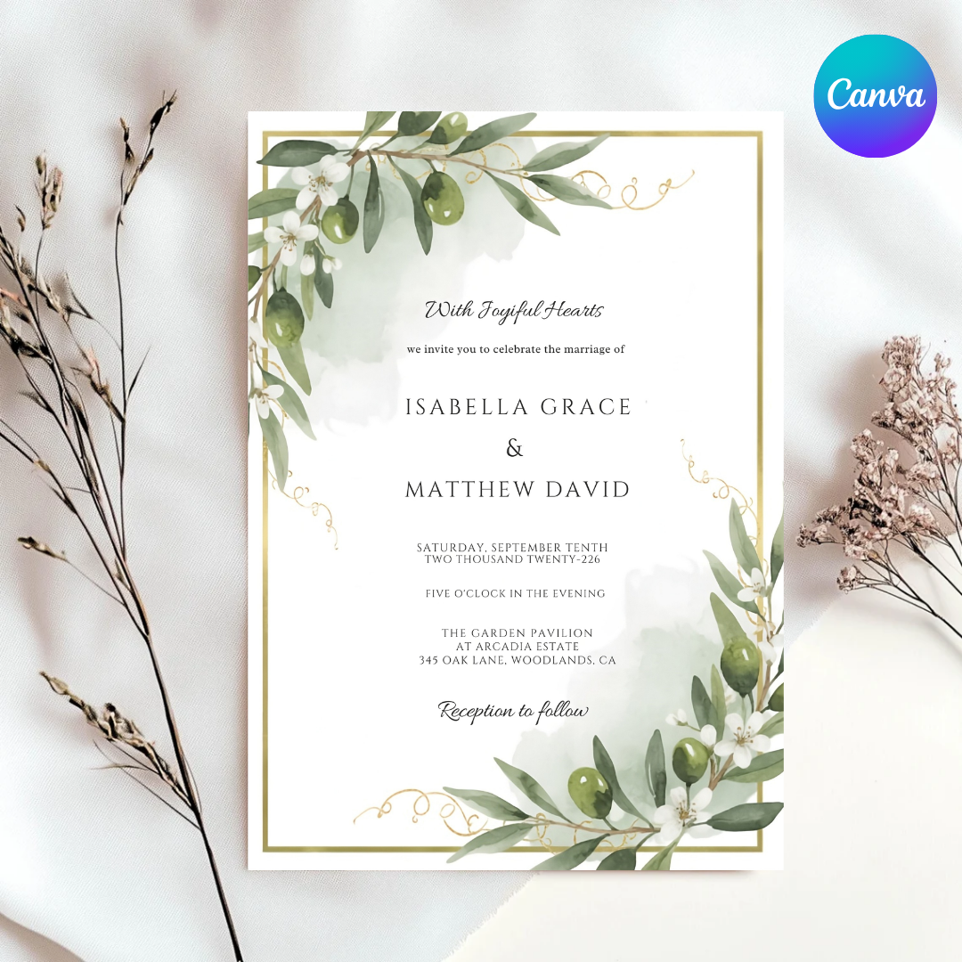 Olive Branch Wedding Invitation Template | Editable Greenery Invite | Gold Frame Rustic Wedding Stationery | Printable Instant Download