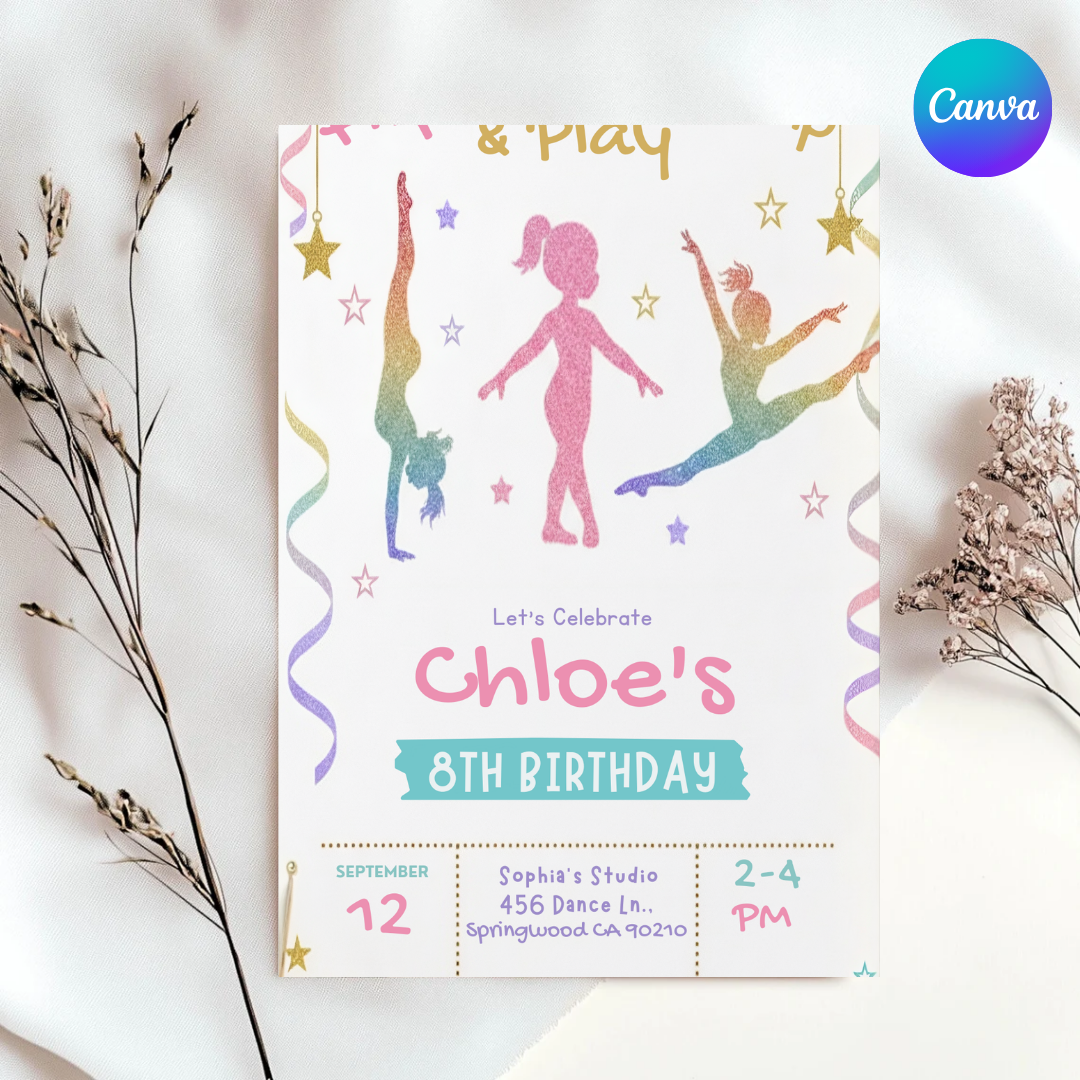 Gymnastics Birthday Invitation Girl | Editable Tumbling Party Invite | Flip Jump Play Template | Printable & Digital Evite | Instant Download