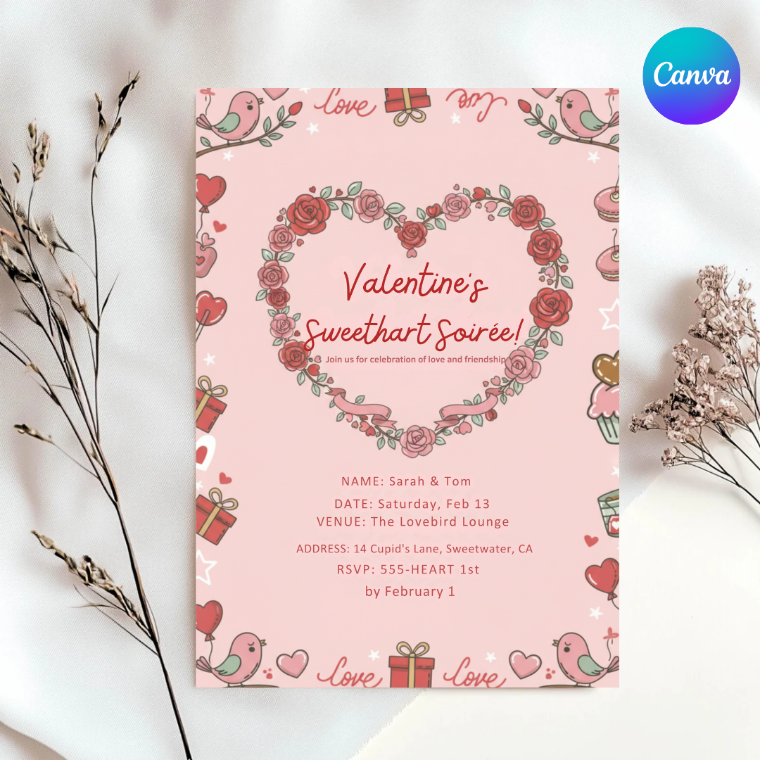 Valentine's Day Invitation Template | Editable Sweetheart Soirée Invite | Couples Party or Galentine's Invite | Printable | Instant Download