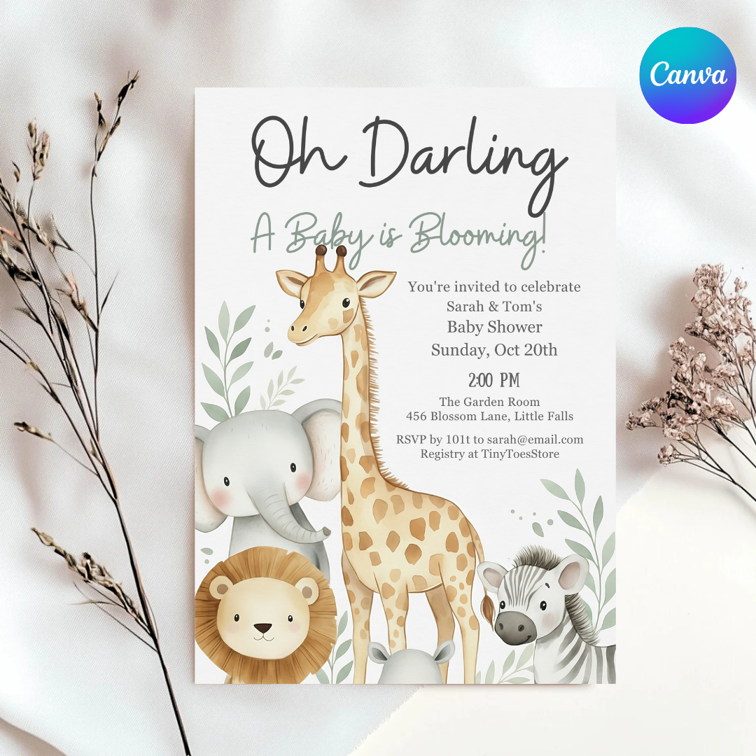 Safari Animal Invitation Template | Watercolor Jungle Party Invite | Editable Greenery Design | Printable & Digital | Instant Download