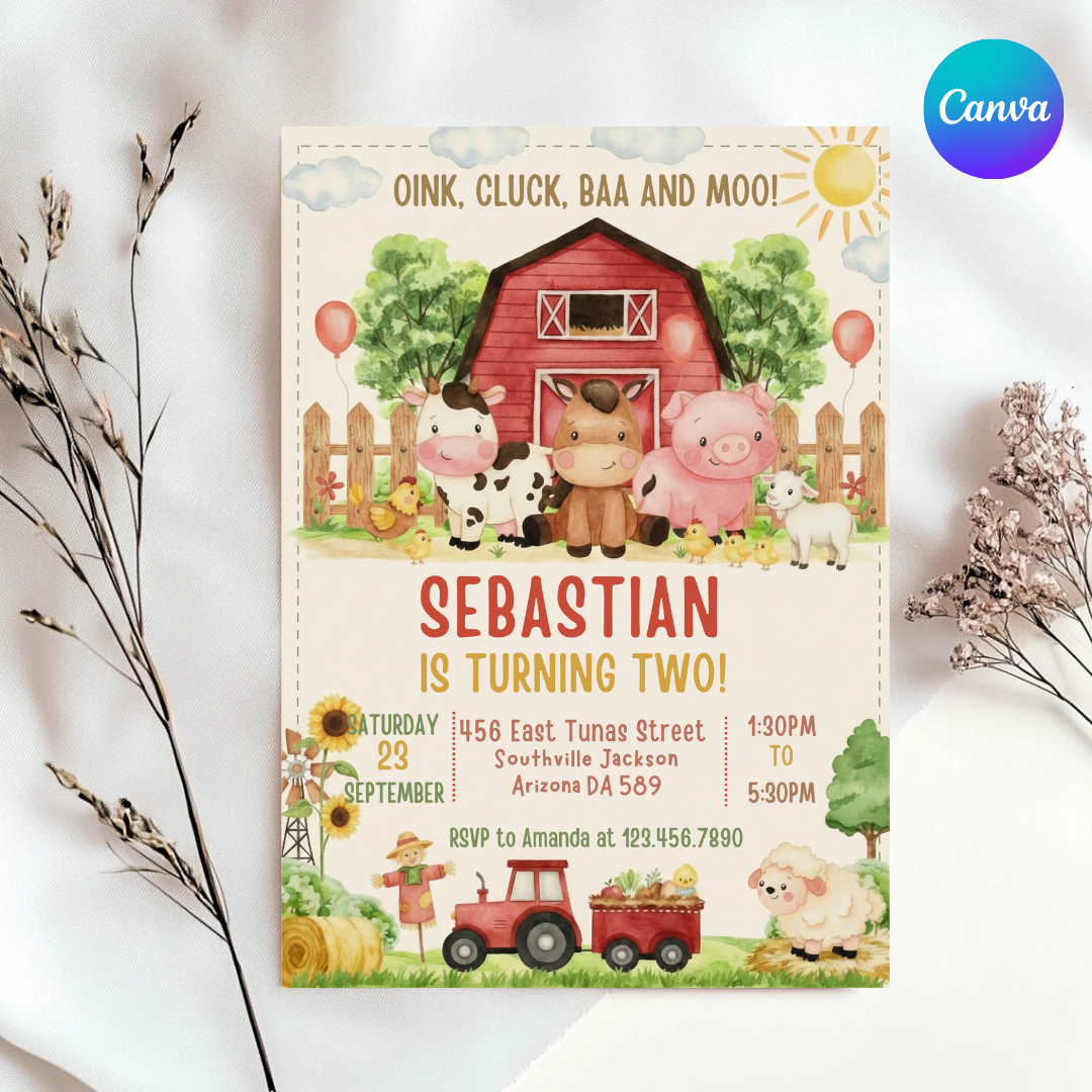 Farm Animal Birthday Invitation Template | Editable Barnyard Bash Invite for Boys and Girls | Printable Kids Party Card | Digital Download