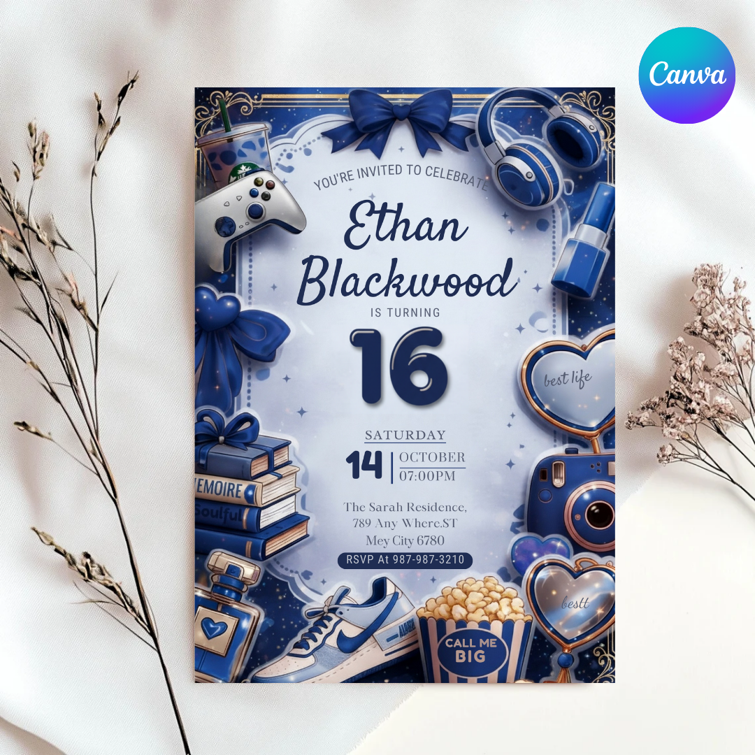 Boy's 16th Birthday Invitation | Editable Blue Aesthetic Teen Invite | Favorite Things Party Template | Digital Evite | Instant Download