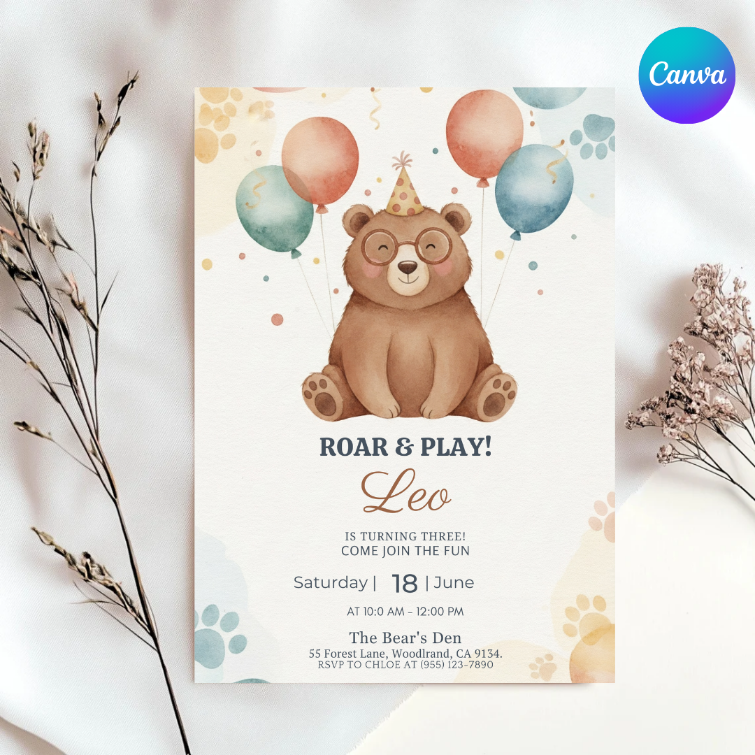 Bear 3rd Birthday Invitation Boy or Girl | Editable Woodland Animal Party Invite | Roar & Play Template | Printable Digital Instant Download
