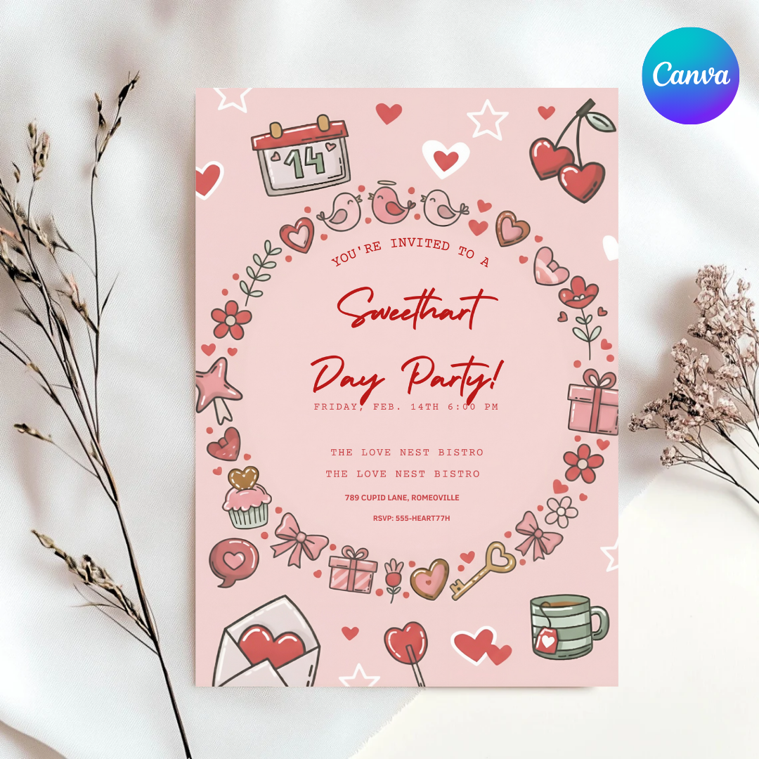 Editable Valentine's Day Party Invitation | Sweetheart Day Invite Template | Galentine's Party Printable | Cute Doodle V-Day Evite | Instant Download