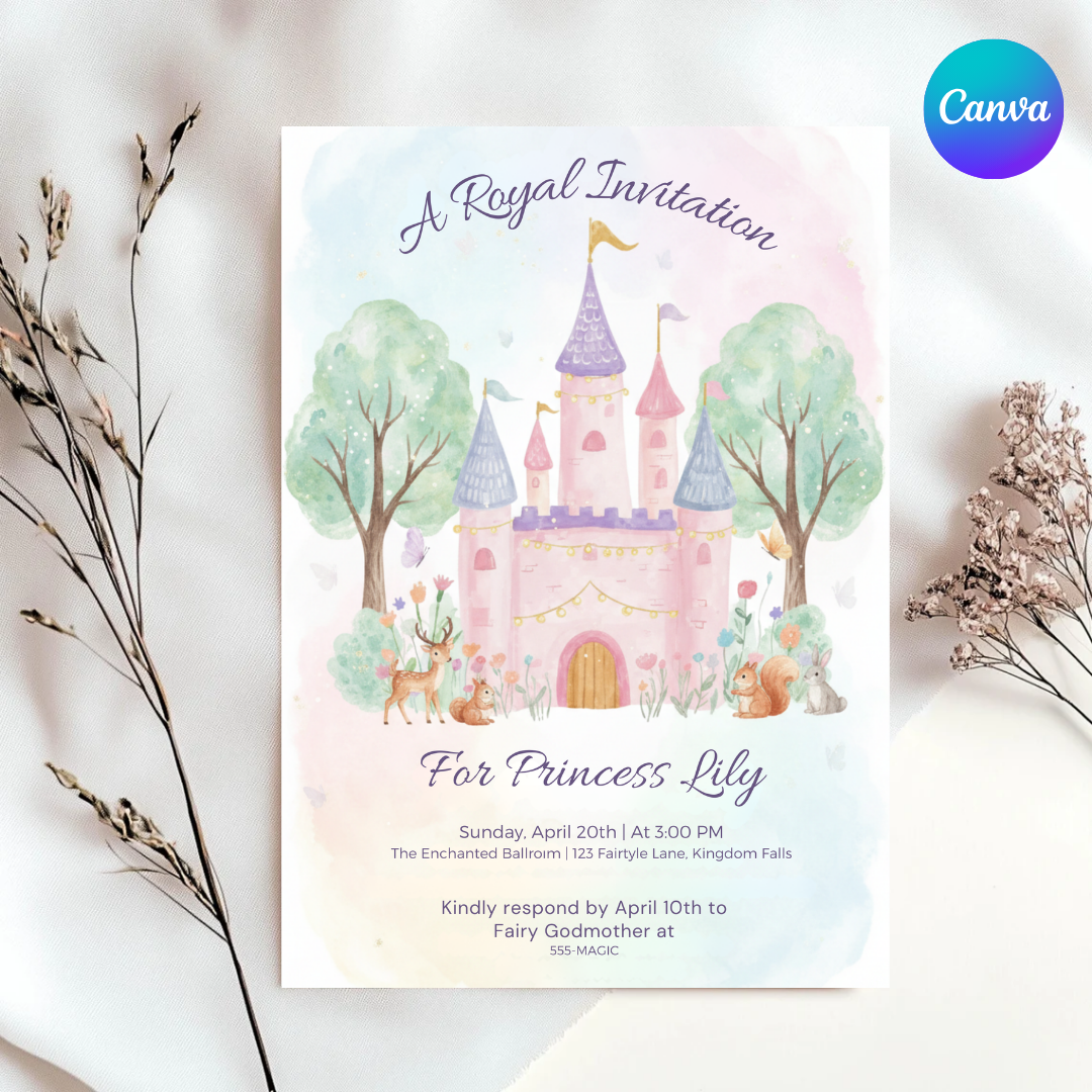 Princess Birthday Invitation Template | Editable Royal Castle Invite for Girl | Fairytale Woodland Party | Printable Digital | Instant Download