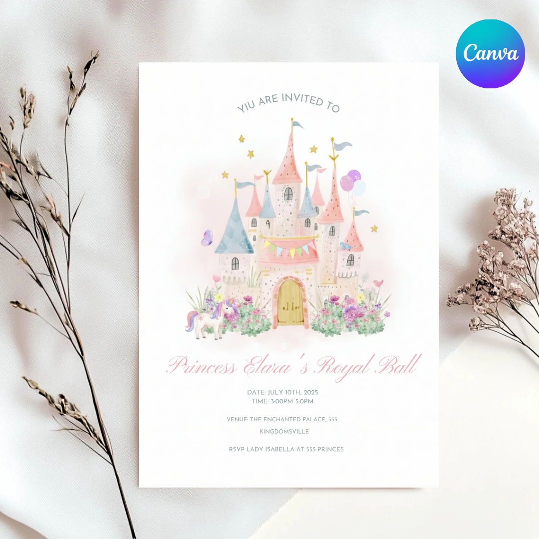 Princess Birthday Invitation Girl | Editable Royal Ball Invite Template | Fairytale Castle Unicorn Party | Printable Digital Evite | Instant Download