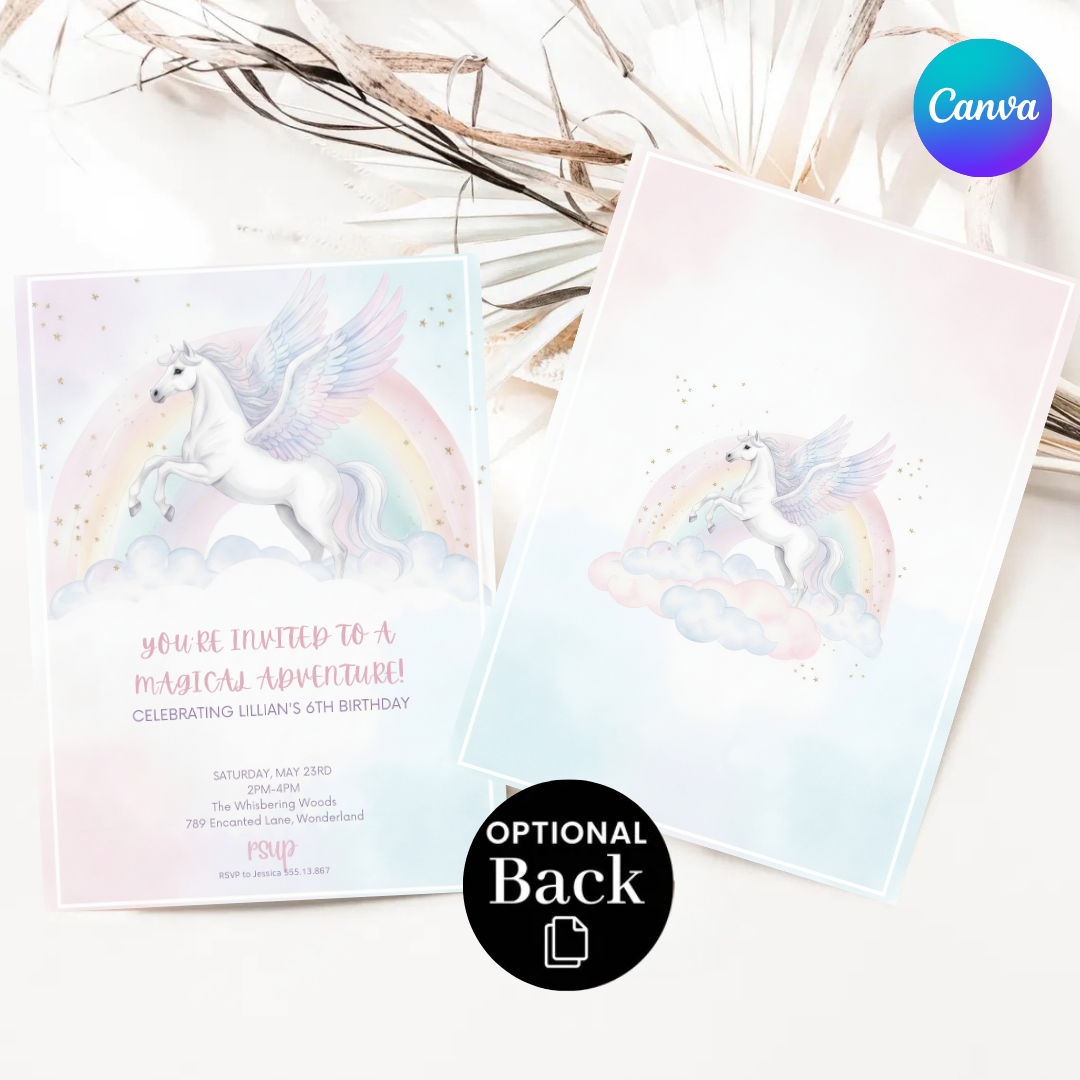 Pegasus Birthday Invitation Template | Magical Rainbow Party Invite for Girl | Editable Canva Evite | Printable 6th Birthday | Instant Download