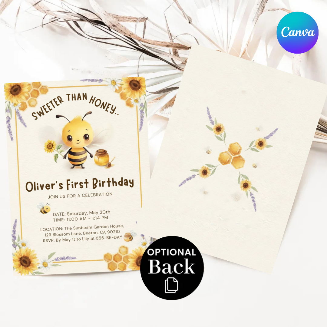 Bee First Birthday Invitation Boy | Sweeter Than Honey 1st Birthday Invite | Editable Sunflower Template | Printable Digital Instant Download