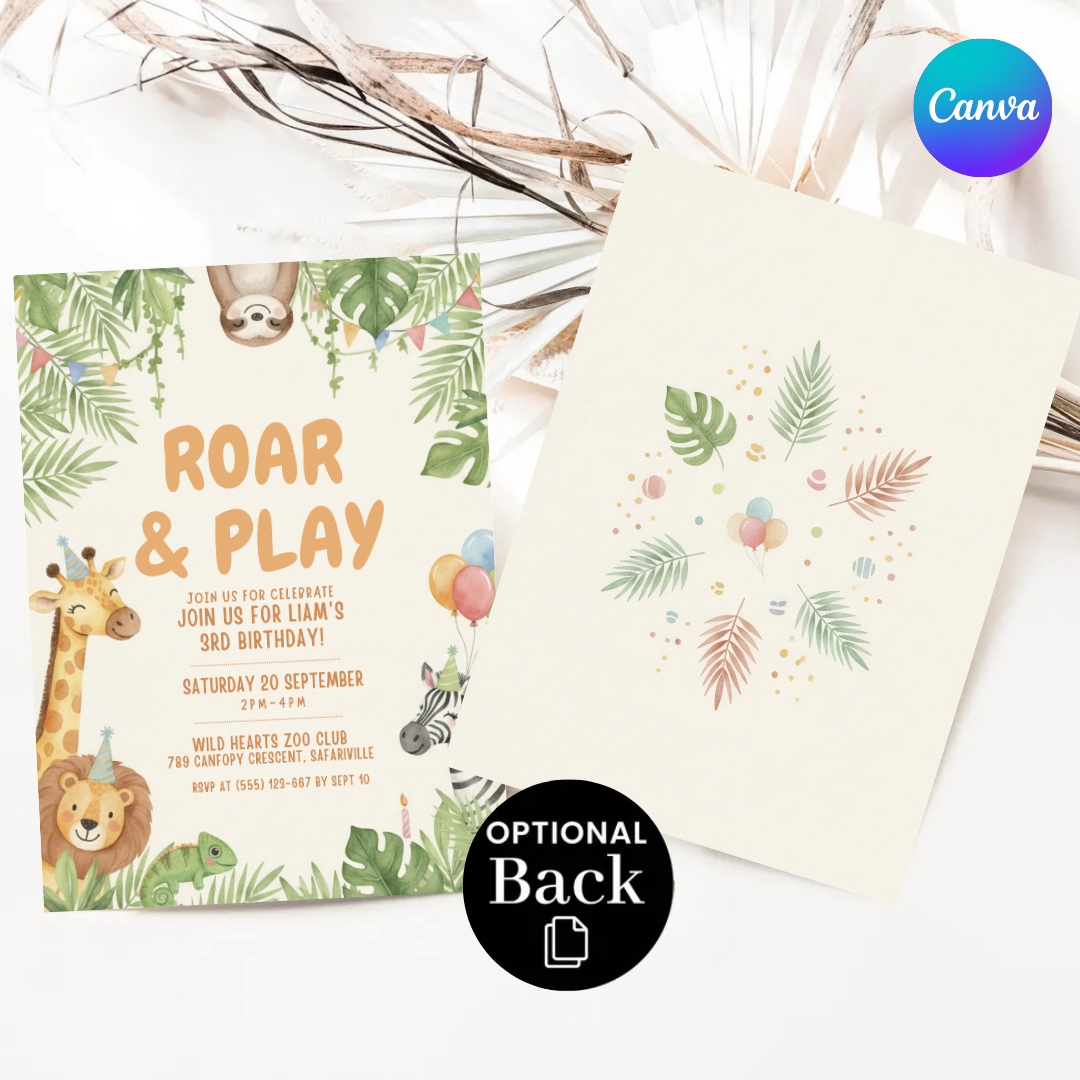 Jungle Birthday Invitation for Boy or Girl | Editable Safari Animal Party Invite | Roar & Play 3rd Birthday | Printable Instant Download