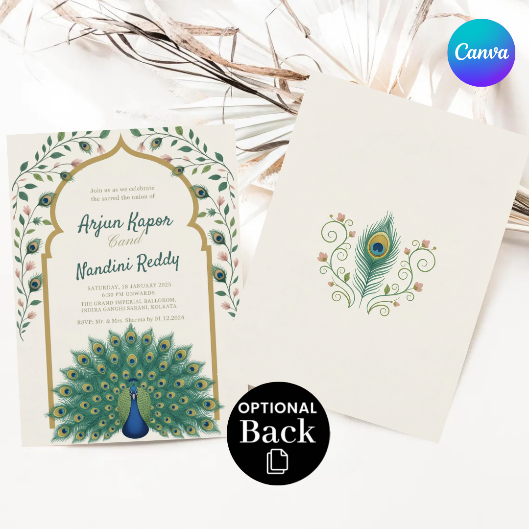 Indian Wedding Invitation Template | Editable Peacock Invite | Royal Desi Wedding Card | Printable Hindu Wedding Stationery | Digital Download