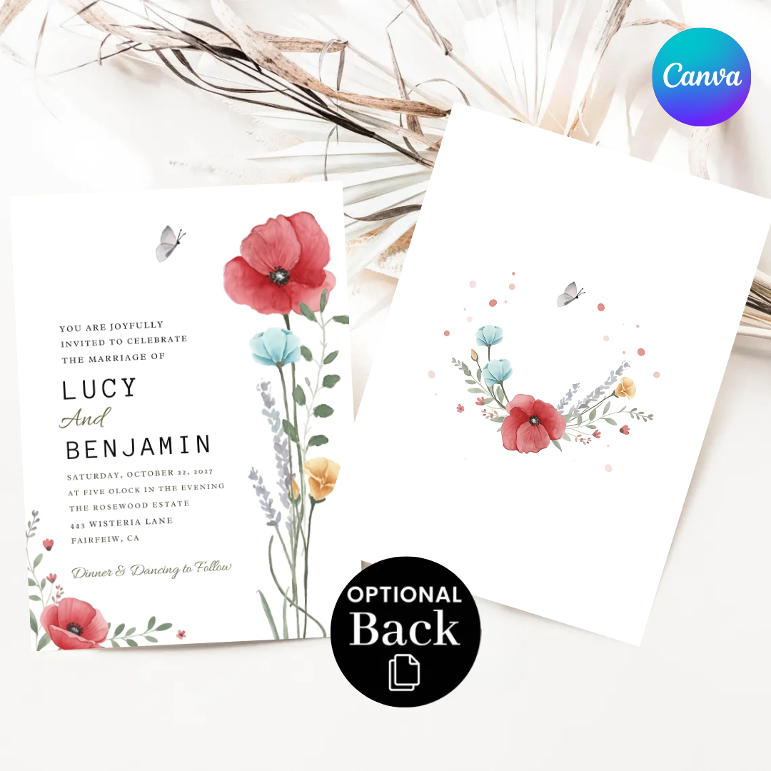 Watercolor Wildflower Wedding Invitation Template | Editable Floral Invite | Rustic Poppy Garden Wedding | Botanical Printable | Instant Download