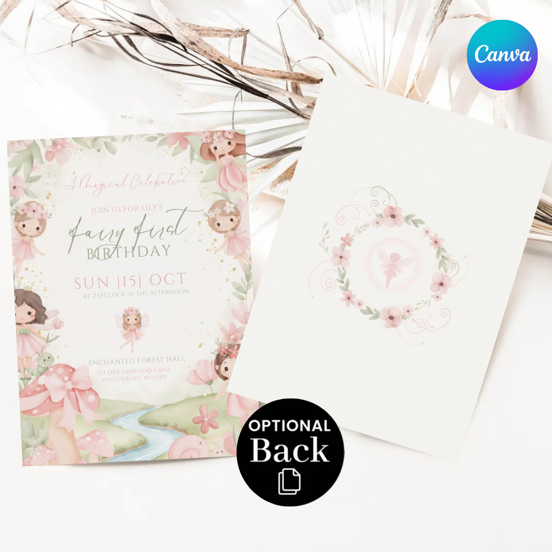 Fairy First Birthday Invitation Girl | Editable Enchanted Forest Invite | Magical 1st Birthday Party Template | Pink and Gold | Digital Evite