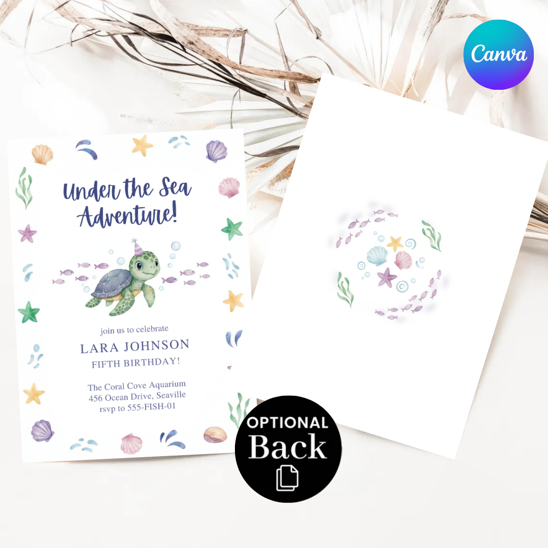 Under the Sea Birthday Invitation | Turtle Party Invite for boys and girls | Editable Ocean Adventure Template | Printable | Instant Download