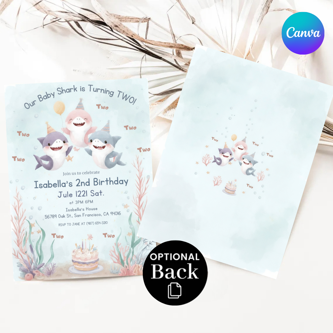 Baby Shark 2nd Birthday Invitation | Editable Under the Sea Party Invite for Girl | Watercolor Ocean Two Template | Printable & Digital Evite